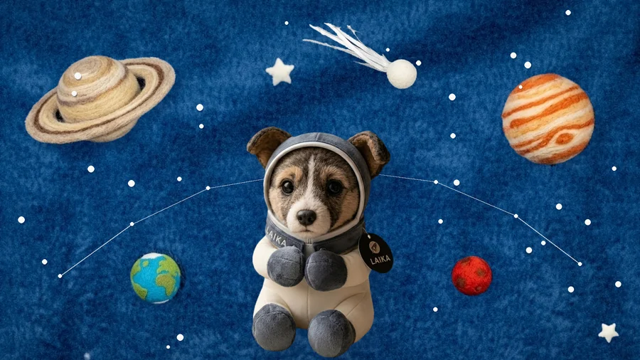 Laika sitting among felt planets on the blanket
