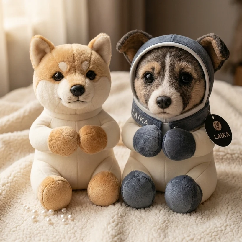 Two plush space dogs side by side on the blanket: a shiba and Laika