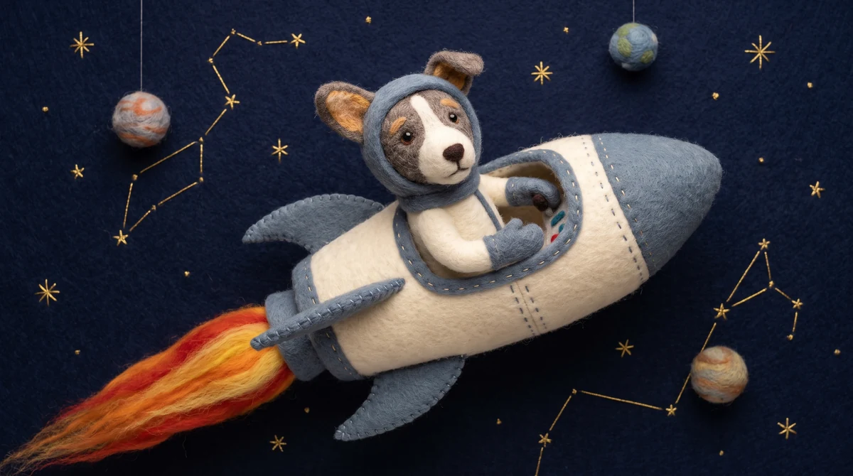 Laika flying a needle-felted rocket with a trail of orange wool flame
