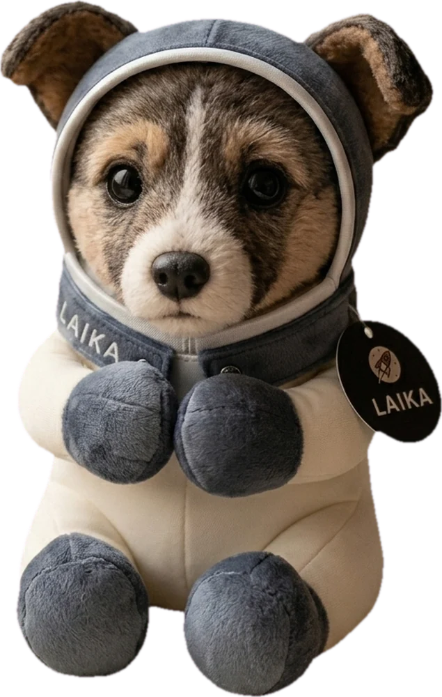 The LAIKA plush: a puppy in a cream spacesuit with a slate-blue hood and a round black LAIKA tag