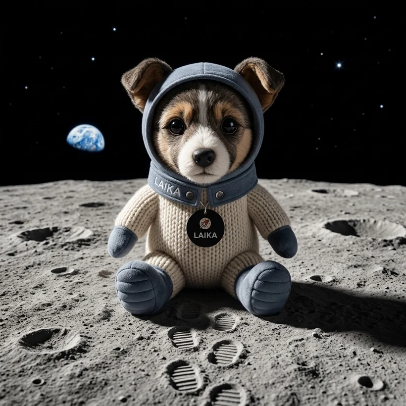 The LAIKA plush sitting on the grey dust of the Moon, Earth small in the black sky behind it