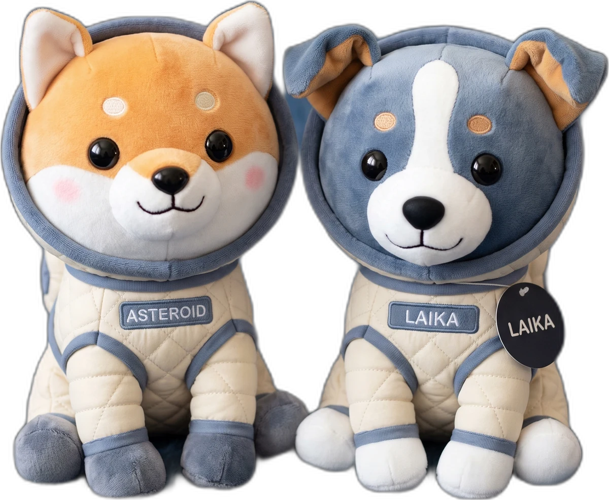 ASTEROID and LAIKA, the two plush space dogs, sitting side by side in matching quilted spacesuits